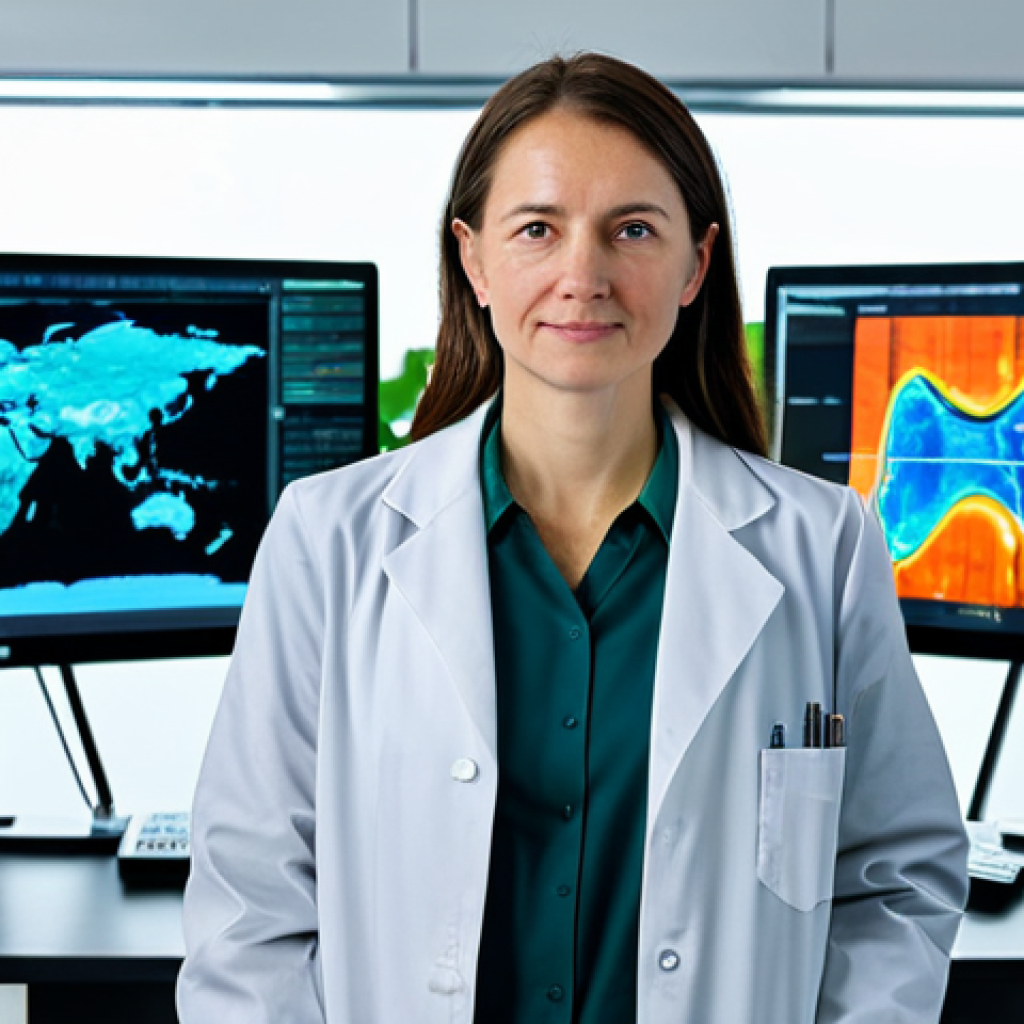 A professional female climate scientist, in her late 30s, wearing a modest, fully buttoned lab coat over professional, appropriate attire, stands confidently in a cutting-edge laboratory. She is observing a dynamic, holographic projection showcasing intricate AI-powered climate models and data visualizations of global weather patterns and agricultural optimization. In the background, elements of green biotechnology are visible, such as innovative drought-resistant plants thriving under controlled conditions and neatly arranged bioplastic prototypes. The scene is well-lit, emphasizing a clean and advanced environment. The image should reflect innovation, hope, and scientific progress, safe for work, appropriate content, perfect anatomy, correct proportions, natural pose, well-formed hands, proper finger count, natural body proportions, professional photography, high quality.