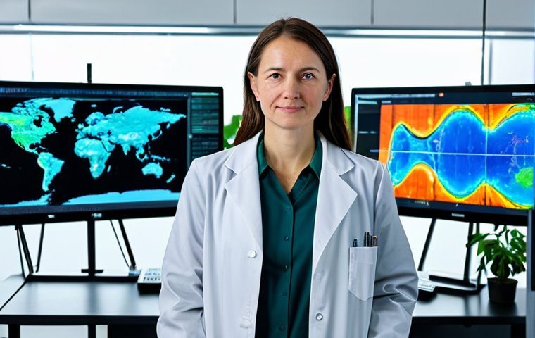 A professional female climate scientist, in her late 30s, wearing a modest, fully buttoned lab coat over professional, appropriate attire, stands confidently in a cutting-edge laboratory. She is observing a dynamic, holographic projection showcasing intricate AI-powered climate models and data visualizations of global weather patterns and agricultural optimization. In the background, elements of green biotechnology are visible, such as innovative drought-resistant plants thriving under controlled conditions and neatly arranged bioplastic prototypes. The scene is well-lit, emphasizing a clean and advanced environment. The image should reflect innovation, hope, and scientific progress, safe for work, appropriate content, perfect anatomy, correct proportions, natural pose, well-formed hands, proper finger count, natural body proportions, professional photography, high quality.
