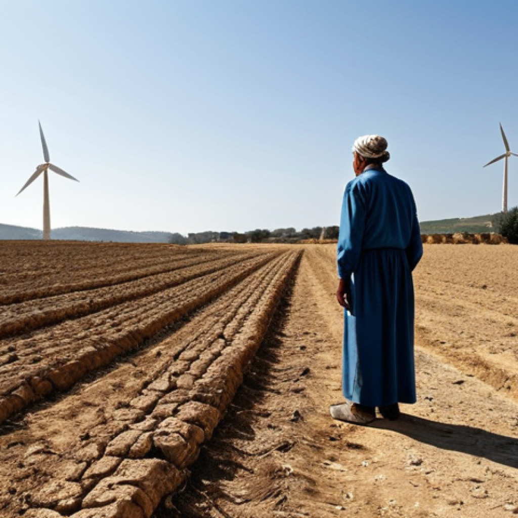 Drought in Andalusia**

"A parched field in Andalusia, Spain, cracked earth under a blazing sun, a farmer looking despondent in the distance, fully clothed, modest attire, windmills in the background, safe for work, appropriate content, professional photography, perfect anatomy, natural proportions, family-friendly."

**
