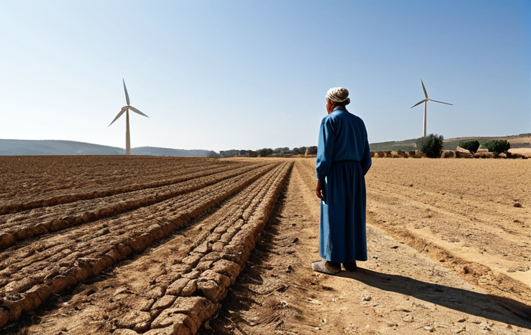 Drought in Andalusia**
"A parched field in Andalusia, Spain, cracked earth under a blazing sun, a farmer looking despondent in the distance, fully clothed, modest attire, windmills in the background, safe for work, appropriate content, professional photography, perfect anatomy, natural proportions, family-friendly."
**