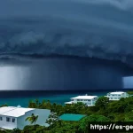 Home 20 기후 변화의 재난 관리 전략 - A high-tech satellite monitoring scene over the Caribbean Sea, showing multiple meteorological satel...