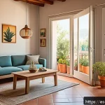 Home 18 환경 보호를 위한 일상 속 실천 방안 - A cozy Spanish home interior featuring a modern living room with energy-saving LED bulbs casting war...