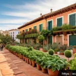 Home 23 기후 변화와 정신 건강의 관계 - A serene urban community garden in a Spanish neighborhood during golden hour, with diverse adults an...