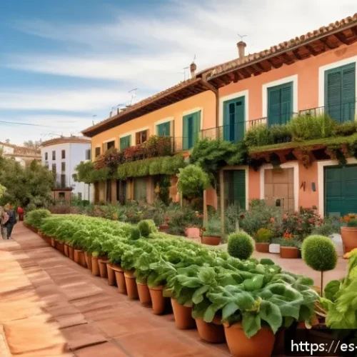 Home 17 기후 변화와 정신 건강의 관계 - A serene urban community garden in a Spanish neighborhood during golden hour, with diverse adults an...