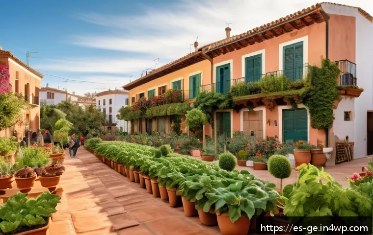 기후 변화와 정신 건강의 관계 - A serene urban community garden in a Spanish neighborhood during golden hour, with diverse adults an...