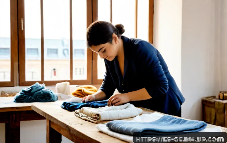 지속 가능한 패션 산업의 필요성 - Photorealistic sustainable fashion workshop in Barcelona, Spain, a skilled adult designer carefully ...